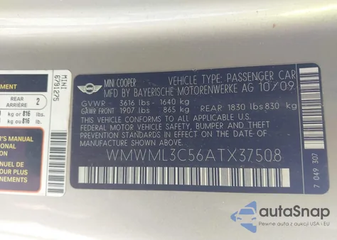 2010 Mini Cooper Clubman z USA, uszkodzony, nr VIN WMWML3C56ATX37508